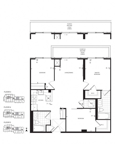 Floor plan for 3 beds, 2 baths, 948 sqft